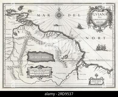 1635 carte du nord-est de l'Amérique du Sud, du lac Parima (Parime Lacus) et de la route vers El Dorado. Blaeu a initialement publié cette carte en 1630 et des variantes ont été publiées bien dans les années 1660 Cet exemple date de l'édition allemande de 1635 de l'atlas de Blaeu. La carte couvre de l'île Margarita et du delta de l'Orénoque vers l'est jusqu'à Tampico et vers le sud jusqu'à l'Amazone. Cette région de l'Amérique du Sud a suscité un intérêt européen considérable au début du 17e siècle à la suite de la publication du fascinant Discovery of the large, Rich, and Beautiful EMPIRE DE Sir Walter Raleigh Banque D'Images