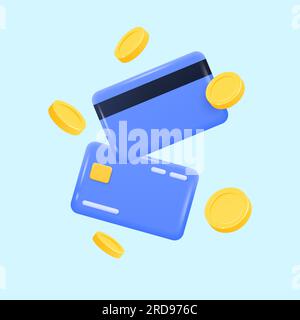 cartes de crédit en plastique 3d et pièces d'or en vol. illustration vectorielle réaliste isolée sur fond bleu. Illustration de Vecteur
