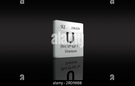 Uranium élément sur un tableau périodique métallique sur fond sombre. Icône de rendu 3D et illustration. Banque D'Images