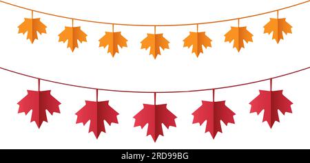 Guirlande de feuilles d'érable en couleurs orange et rouge pour seasson d'automne, vecteur isolé sur fond blanc, effet de coupe de papier Illustration de Vecteur