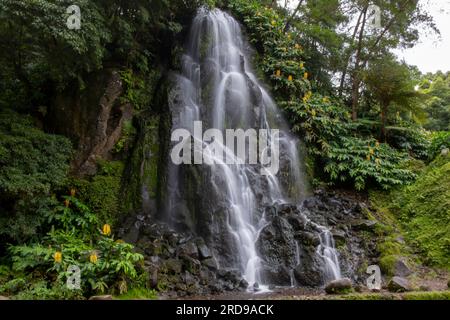 Cascade dans le jardin botanique de Ribeira do Guilherme dans le Nordeste avec des touristes, île Sao Miguel aux Açores. Banque D'Images