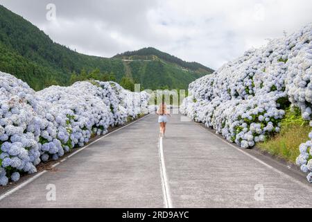 Açores, Jeune femme sautant heureux au milieu de la route avec hortensia bleu au bord de la route à Lagoa Sete Cidades ' Seven Cities Lake ', São Miguel est Banque D'Images