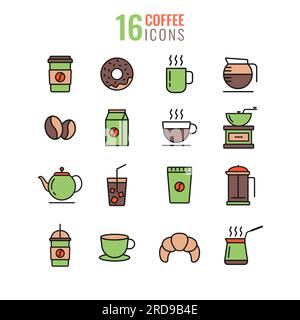 Ensemble simple d'icônes de ligne vectorielle liées au café. Contient des icônes telles que Turk, tasse, haricots, beignet, croissant. illustration vectorielle isolée sur fond blanc Illustration de Vecteur