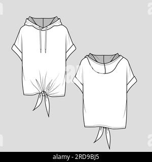 Femme sweat-shirt noué à l'avant manches retroussables sweat à capuche mode dessin plat dessin technique vecteur de conception Illustration de Vecteur