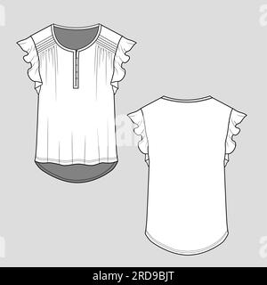 Femme col boutonné patte bouton épaule Fancy Pleated Gathering Ruffles manches t-shirt haut chemisier modèle plat dessin technique conception Illustration de Vecteur