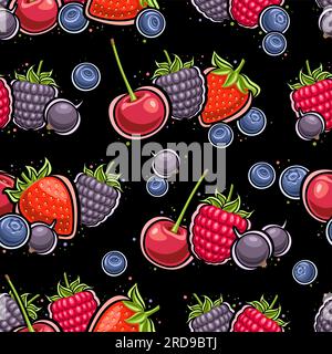 Vector Berry Seamless Pattern, fond de répétition sombre avec des illustrations découpées de composition de nature morte baies juteuses pour papier d'emballage, carré po Illustration de Vecteur