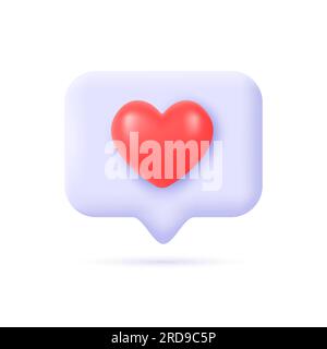 bouton de dialogue de message d'icône 3d avec coeur rouge dans le style minimaliste de dessin animé. éléments pour un design romantique. illustration vectorielle isolée sur fond blanc Illustration de Vecteur