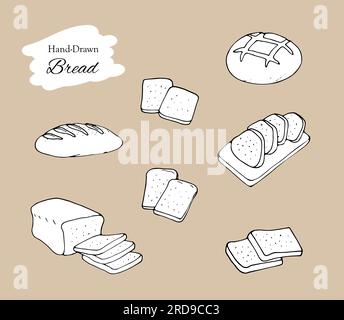 Ensemble de tranches de pain et de pains illustration dessinée à la main. Illustration de cuisson isolée sur fond blanc Illustration de Vecteur
