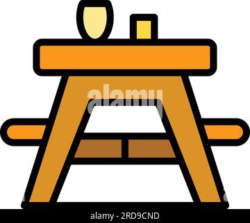 Vecteur de contour d'icône de table extérieure. Pique-nique en bois. Table de jardin couleur plat Illustration de Vecteur