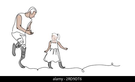 Homme et petite fille avec des jambes prothétiques, des membres artificiels dansent. Un dessin au trait continu de personnes portant des prothèses. Vecteur simple Illustration de Vecteur