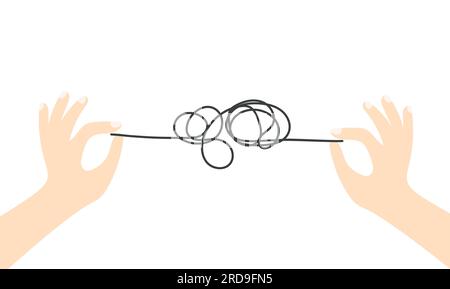 Abstract metaphor of solving difficult situation. Hands untangling tangled thoughts. Chaos or mess. Psychotherapy concept. Vector illustration. Illustration de Vecteur