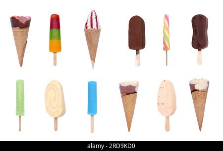 Ensemble de différentes glaces isolées sur blanc Banque D'Images