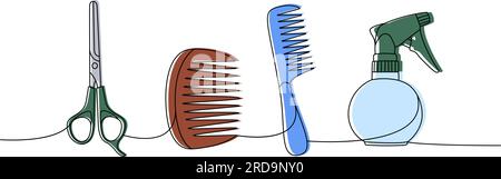 Ensemble d'outils de salon de coiffure une ligne de dessin continu coloré. Coiffeur bouteille de pulvérisation, ciseaux, peigne à cheveux continue illustration d'une ligne. Illustration de Vecteur