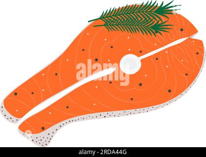 Vector image abstraite de steak de saumon avec branche de romarin et épices dans des tons à la mode. Journée de la nourriture saine. Autocollant. Icône. Isoler. Conception pour affiche, bannière, brochures ou prix, étiquette, carte. Vecteur. EPS Illustration de Vecteur