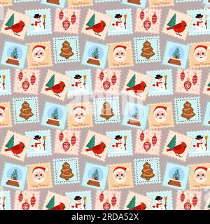 Motif de Noël avec timbres postaux. Illustration vectorielle colorée dans le style plat pour l'arrière-plan Illustration de Vecteur