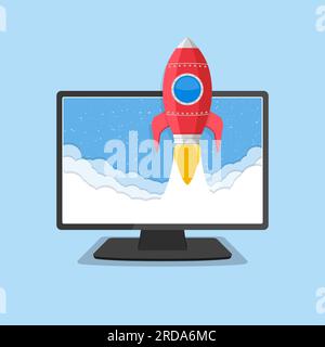 Moniteur d'ordinateur avec une fusée volant hors de l'écran, entreprise de démarrage ou concept de projet, illustration vectorielle eps10 Illustration de Vecteur