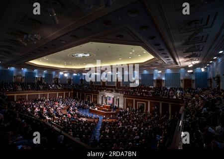 Washington, États-Unis. 19 juillet 2023. Le président de l'État d'Israël Isaac Herzog prononce un discours lors d'une réunion conjointe du Congrès au Capitole des États-Unis à Washington, DC, États-Unis, mercredi 19 juillet, 2023. Photo de Rod Lamkey/CNP/ABACAPRESS.COM crédit : Abaca Press/Alamy Live News Banque D'Images