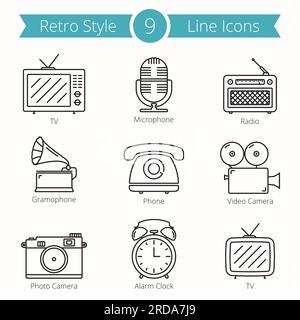 Ensemble de 9 icônes de ligne d'objets de style rétro - tv, microphone, radio, ramophone, téléphone, caméra vidéo et photo, réveil, illustration vectorielle eps10 Illustration de Vecteur