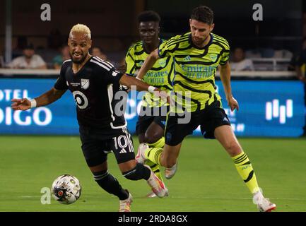 Washington, USA. 19th July, 2023. WASHINGTON, DC - JULY 19: MLS midfielder Hany Mukhtar (10) gets away from Arsenal midfielder Jorginho (20) during the 2023 MLS All-Star game between the MLS and Arsenal on July 19, 2023, at Audi Field, in Washington DC. (Photo by Tony Quinn/SipaUSA) Credit: Sipa USA/Alamy Live News Stock Photo