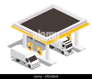 Station-service avec camions. Station de remplissage isométrique pour pétrole isolé. Élément infographique. Illustration vectorielle. Colonnes de remplissage de gaz sous le toit. Illustration de Vecteur