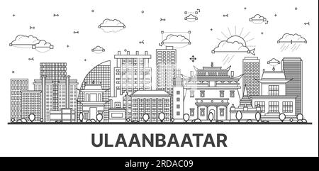 Contour Oulan-Bator Mongolie City Skyline avec des bâtiments modernes et historiques isolés sur blanc. Illustration vectorielle. Paysage urbain d'Ulaanbaatar. Illustration de Vecteur