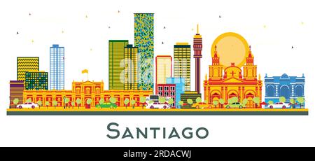 Santiago Chile City Skyline avec des bâtiments de couleur isolés sur blanc. Illustration vectorielle. Voyage d'affaires et concept de tourisme avec bâtiments modernes. Illustration de Vecteur