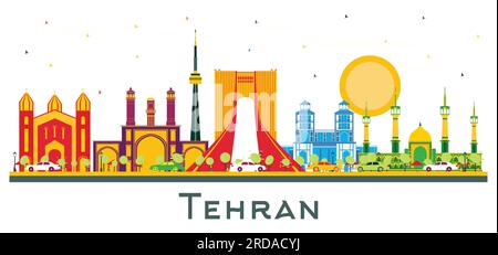 Skyline de Téhéran Iran City avec des repères de couleur isolés sur blanc. Illustration vectorielle. Concept de voyage d'affaires et de tourisme avec bâtiments historiques. Illustration de Vecteur