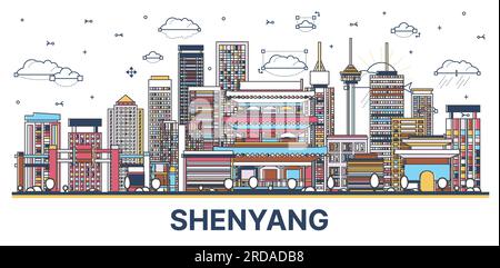 Contour Shenyang China City Skyline avec des bâtiments modernes et historiques colorés isolés sur blanc. Illustration vectorielle. Paysage urbain de Shenyang. Illustration de Vecteur