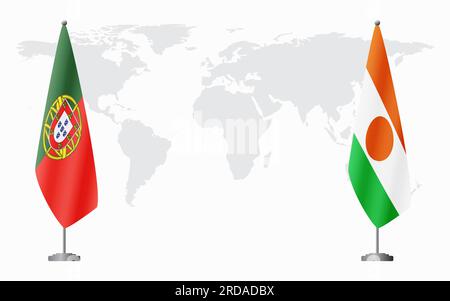 Drapeaux du Portugal et du Niger pour la réunion officielle sur fond de carte du monde. Illustration de Vecteur