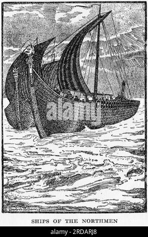 Gravure des navires des raiders viking, connus sous le nom de Northmen, publiée vers 1896 Banque D'Images