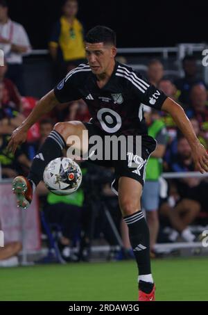 Washington, États-Unis. 19 juillet 2023. WASHINGTON, DC - 19 JUILLET : l'attaquant de la MLS Cristian Espinoza (19 ans) contrôle le ballon lors du match des étoiles de la MLS 2023 entre la MLS et Arsenal le 19 juillet 2023, à Audi Field, à Washington DC. (Photo de Tony Quinn/SipaUSA) crédit : SIPA USA/Alamy Live News Banque D'Images