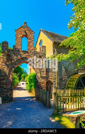 Le moulin à eau River Avill avec une roue de moulin en bois à Dunster Castle, Somerset, Angleterre, Royaume-Uni Banque D'Images