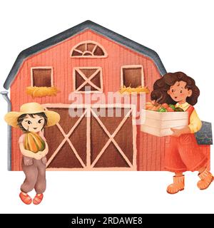 Ensemble d'agriculteurs. Belle fille asiatique avec des tresses noires. Enfant tenant une citrouille. Récolte. Farm House, Barn. Illustration à l'aquarelle. Diversité. Japon Banque D'Images