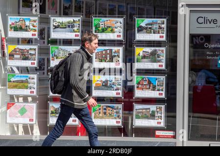 Agences immobilières fenêtres et panneaux de vente à West Kirby, Wirral, Merseyside, Royaume-Uni. Selon les analystes, le marché immobilier britannique devrait éviter un effondrement provoqué par la hausse des taux d’intérêt, malgré une baisse de l’inflation des prix de l’immobilier à zéro en mai. L'Office for National Statistics a déclaré qu'une baisse de la croissance mensuelle de 0,5% en avril à 0% en mai signifiait que le taux annuel d'inflation des prix de l'immobilier a chuté à 1,9%. Banque D'Images