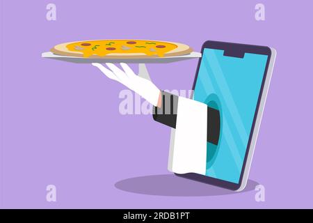 Dessin animé style plat dessinant les mains hors de l'écran du smartphone avec plateau ouvert pour servir de délicieuses pizzas italiennes. Ordre des applications numériques. Distributeur de nourriture en ligne Banque D'Images