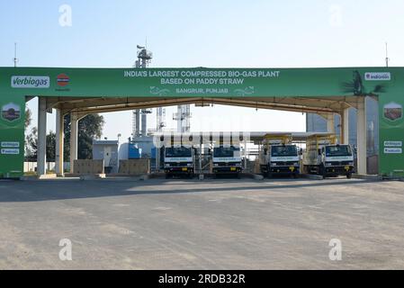 INDE, Punjab, Lehragaga, usine de biogaz Verbio traite la paille de paddy au CNG biogaz et compost, autrefois la paille de riz était brûlée sur les champs par l'agriculteur, après méthanation, le gaz CNG est rempli dans des bouteilles pour le transport aux stations de remplissage de gaz / INDIEN, VERBIO Biogasanlage gewinnt aus der fermentation von Reis Stroh hochwertiges CNG Biogas und Kompost, das Biogas wird in der Methanisierung zu Methangas aufbereitet, komprimiert und in Gasflaschen zur Lieferung an Gastankstellen gefüllt Banque D'Images