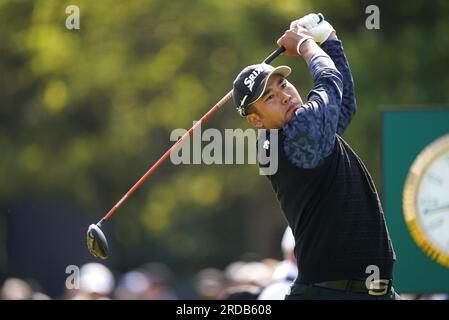 Le Japonais Hideki Matsuyama joue le 5e jour de l'Open au Royal Liverpool, Wirral. Date de la photo : jeudi 20 juillet 2023. Banque D'Images