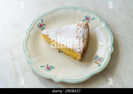 Un morceau de gâteau à la crème Custard avec des pignons de pin. Gâteau italien traditionnel - torta della nonna ou gâteau de grand-mère. Pâtisserie toscane. prêt à manger. Banque D'Images