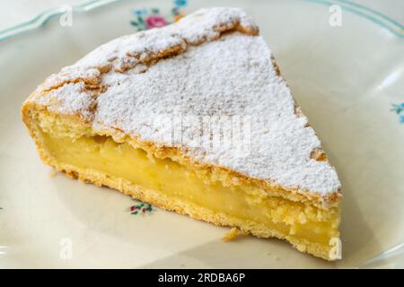 Un morceau de gâteau à la crème Custard avec des pignons de pin. Gâteau italien traditionnel - torta della nonna ou gâteau de grand-mère. Pâtisserie toscane. prêt à manger. Banque D'Images