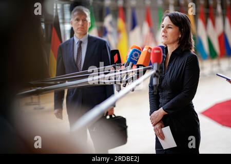 Bruxelles, Belgique. 20 juillet 2023. Annalena Baerbock, ministre fédérale des Affaires étrangères, s'est présentée devant une séance de travail des ministres des Affaires étrangères de l'UE. Bruxelles, le 20.07.2023. Crédit : dpa/Alamy Live News Banque D'Images