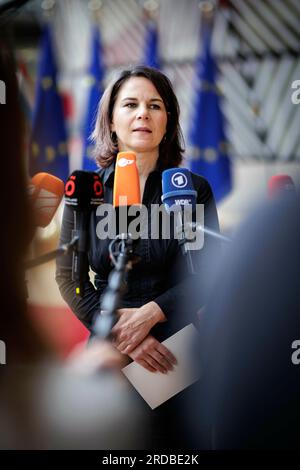 Bruxelles, Belgique. 20 juillet 2023. Annalena Baerbock, ministre fédérale des Affaires étrangères, s'est présentée devant une séance de travail des ministres des Affaires étrangères de l'UE. Bruxelles, le 20.07.2023. Crédit : dpa/Alamy Live News Banque D'Images