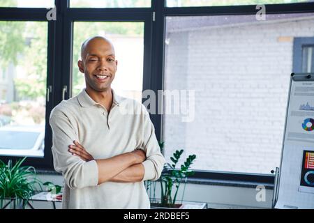 headshots professionnels, homme d'affaires afro-américain heureux avec syndrome des yeux regardant la caméra et debout avec les bras pliés, myasthénie gravis, sombre Banque D'Images