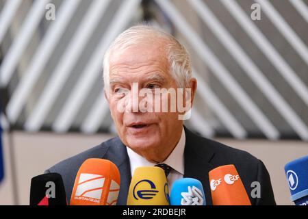 Bruxelles, Belgique. 20 juillet 2023. Josep Borrell, Haut Représentant de l'UE pour les affaires étrangères, arrive pour une réunion du Conseil des affaires étrangères de l'UE (FAC) au siège de l'UE à Bruxelles, en Belgique, le 20 juillet 2023. Crédit : ALEXANDROS MICHAILIDIS/Alamy Live News Banque D'Images