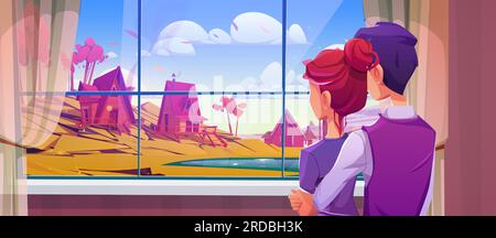 Couple regardant la fenêtre de la maison sur le paysage du village. Vue sur la nature de campagne de la maison à regarder pour l'homme et la femme tout en câlin. Belle colonie de banlieue beau panorama avec lac et arbre. Illustration de Vecteur