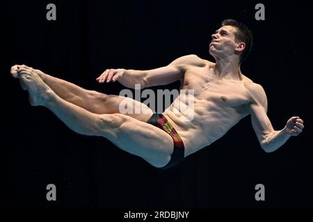 Fukuoka, Japon. 20 juillet 2023. L'Allemand Lars Rudiger participe à la finale masculine du tremplin du 3m des Championnats du monde de natation 2023 à Fukuoka, Japon, le 20 juillet 2023. Crédit : Xu Chang/Xinhua/Alamy Live News Banque D'Images
