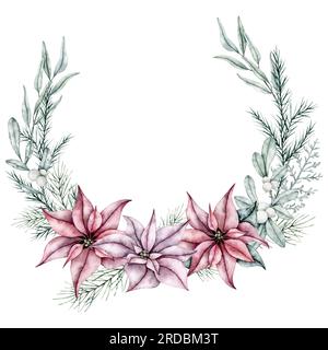 Couronne de Noël de fleur de poinsettia rouge, eucalyptus, myrtille et sapin à feuilles persistantes, cèdre. Cadre floral d'hiver botanique. Aquarelle peinte à la main Banque D'Images