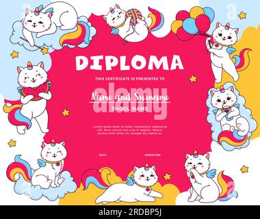 Diplôme pour enfants avec des personnages mignons de cataticorne de dessin animé, modèle de récompense de certificat vectoriel. licorne drôle de chat Kitty avec queue arc-en-ciel sur nuage pour diplôme de certificat d'atelier d'école ou de maternelle Illustration de Vecteur