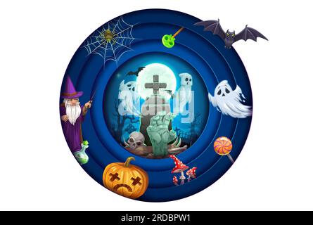 Personnages de dessins animés découpés en papier Halloween sur le cimetière. Vector 3d effet conception de papier avec main de zombie, tombe, citrouille, magicien et fantômes au cimetière de nuit avec des chauves-souris effrayantes et des araignées à minuit Illustration de Vecteur