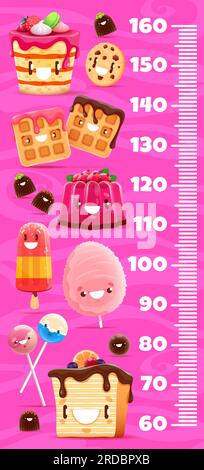 Règle de graphique de hauteur d'enfants, crème glacée de dessin animé, bonbons et personnages de dessert. Compteur de croissance de vecteur avec cheesecake, biscuit, gaufrettes et gelée. Bonbons de coton, sucette et tarte au chocolat Kawaii personages Illustration de Vecteur