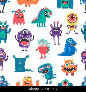 Dessin animé monstre personnages modèle sans couture, fond vectoriel avec des créatures drôles. Joyeux animaux extraterrestres bizarres et monstres heureux, trolls et yéti bigfoot et cyclope avec Gremlin dans le motif Illustration de Vecteur